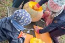 Kinder hölen einen Kürbis aus