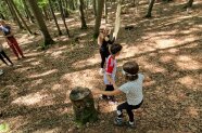 Kinder mit Augenbinde erfühlen vergrößertes Laubblatt aus Hols