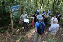 Mehrere Personen stehen vor einer Tafel im Wald